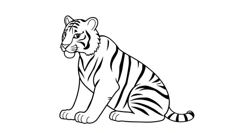 Zwart-wit lijntekening van een tijger die zit en naar links kijkt, met duidelijke strepen.