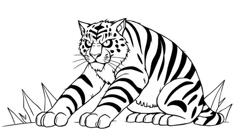 Zwart-wit lijntekening van een tijger die hurkt met voorpoten gestrekt en een intense blik, omringd door gras.