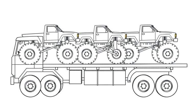 Zwart-wit lijntekening van een transportwagen met drie monsterwagens op de oplegger.