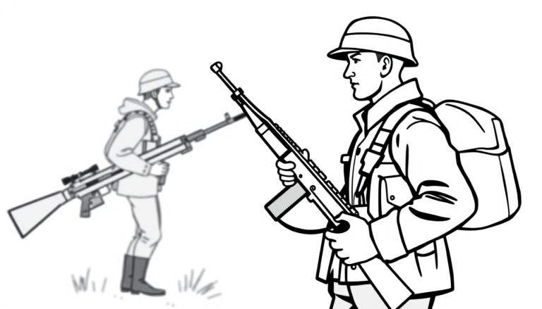 Kleurplaat van twee militairen, een soldaat op de voorgrond met geweer en een rennende soldaat op de achtergrond met richtkijker.