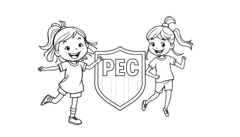 Kleurplaat van twee vrolijke cartoonmeisjes, één danst en de ander rent, met een schild met de letters 'PEC' ertussen.