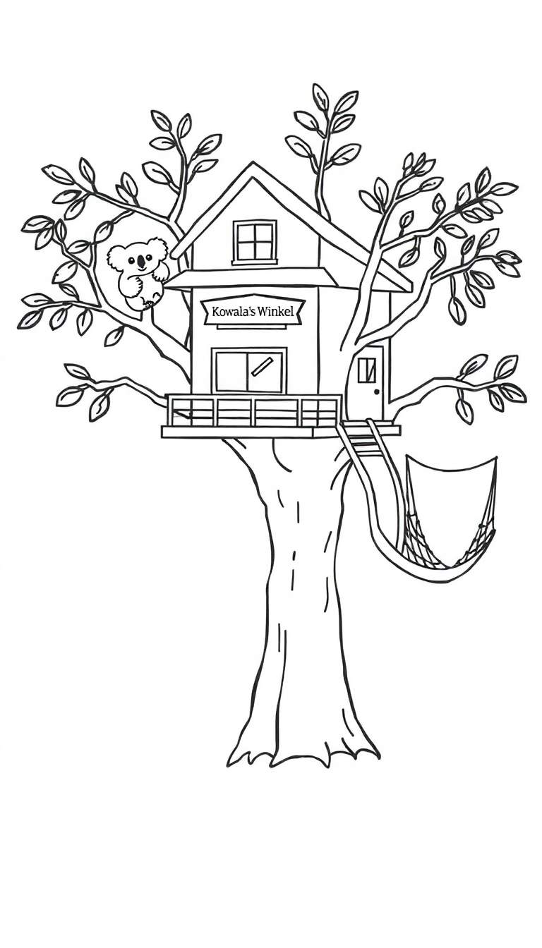 Kleurplaat van een boom met een boomhut, een lachende koala en een hangmat. De boomhut heeft een puntdak, een raam met kruisroeden en een bordje 'Kowala's Winkel'.
