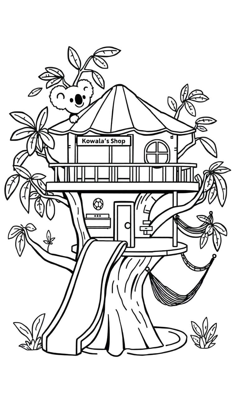 Zwart-wit kleurplaat van een tweelaagse boomhut met een balkon, een rond raam, een bordje 'Kowala's Shop' en een glijbaan. Een koala gluurt over het dak, omringd door boomtakken en bladeren. Een hangmat is tussen de takken gespannen.