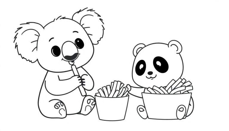 Zwart-wit tekening van een schattige koala die een frietje eet en een panda die naar een bakje frietjes reikt, beide geanimeerd en vrolijk.