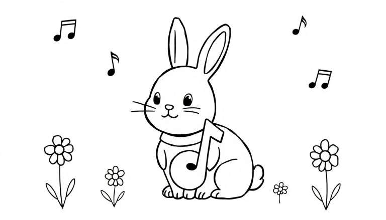 Zwart-wit kleurplaat van een lief konijn dat een grote muzieknoot vasthoudt, omringd door kleinere muzieknoten en bloemen aan de onderkant.
