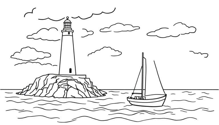 Zwart-wit lijntekening van een kustlandschap met een vuurtoren op rotsen, een zeilboot op kalme zee en gestileerde wolken.