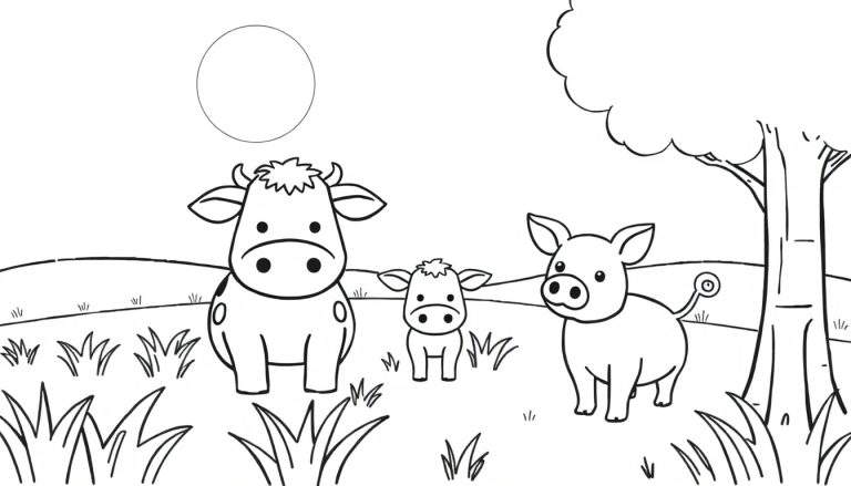 Zwart-wit cartoonachtige kleurplaat van een landelijke scène met een koe, een kalfje en een varken in een grasveld, met een boom en een zon/maan.