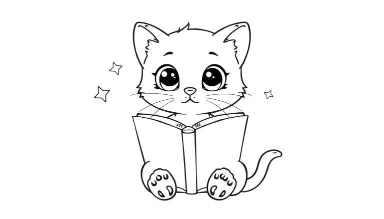 Een zwart-wit lijntekening van een schattige, jonge kat die rechtop zit en een open boek leest. De kat heeft grote ogen, een glimlach en snorharen. Drie kleine, omrande sterretjes zweven rond zijn hoofd. De achtergrond is wit.