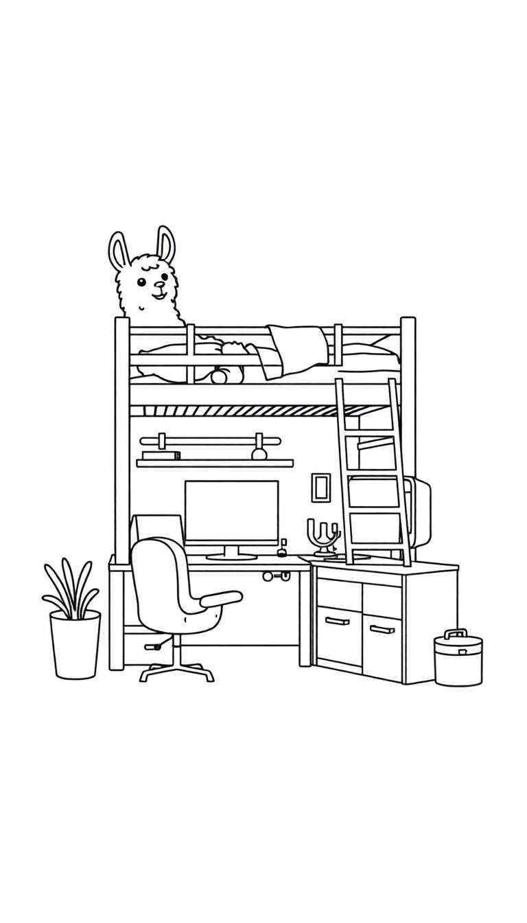 Kleurplaat van een slaap- en studeerkamer met een hoogslaper, bureau, en een lama die over de bedrand kijkt.
