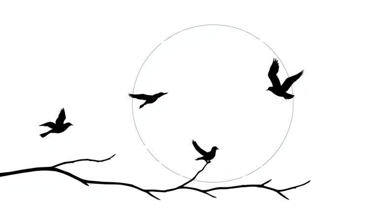 Zwart-wit illustratie van een grote cirkel (zon/maan) met een horizontale boomtak onderaan en vier silhouet vogels die vliegen of op de tak zitten.