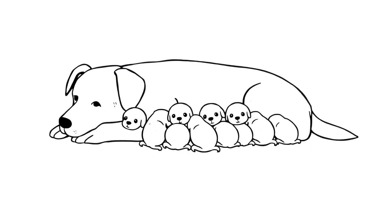 Zwart-wit lijntekening van een moederhond die ligt met zes schattige puppy's dicht tegen haar aan. De moederhond kijkt naar links.