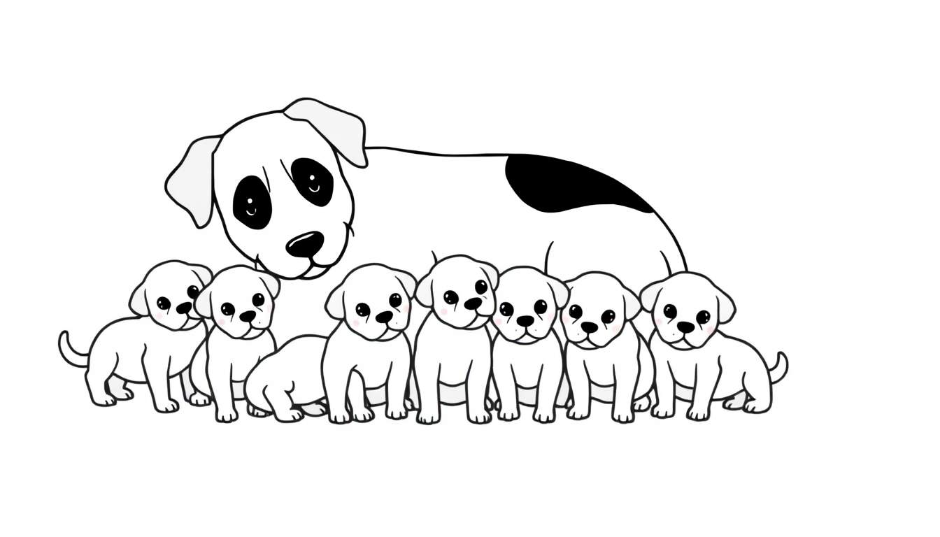 Zwart-witte illustratie van een lieve moederhond die achter haar zeven witte puppy's staat. De moederhond heeft een zwarte vlek op haar rug en grote ogen. De puppy's hebben ook grote ogen en sommige hebben een roze blos.