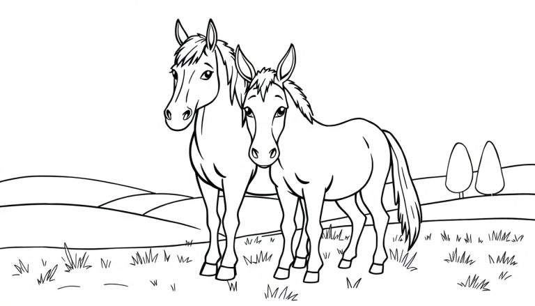 Een kleurplaat met twee paardachtige dieren, een groter paard links en een kleiner dier rechts, in een cartoonstijl. Ze staan in een graslandschap met heuvels en bomen op de achtergrond.