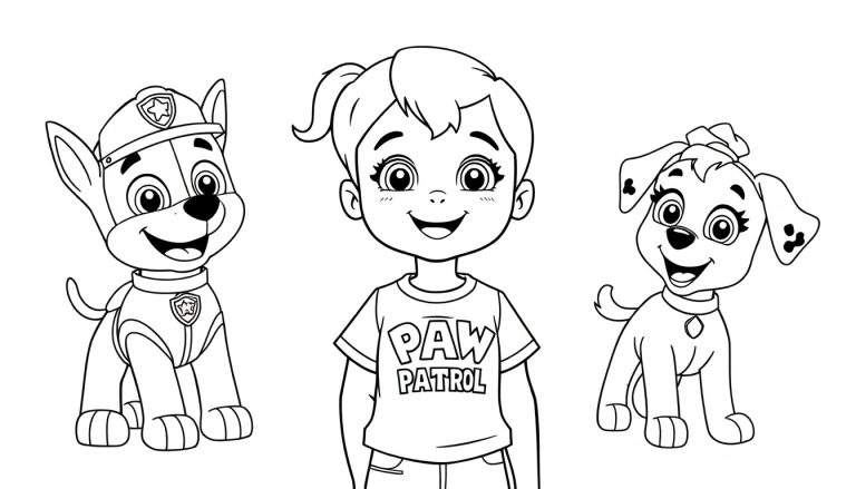 Kleurplaat van een meisje met kort haar, Chase (hond met politiepet) en Skye (hond met strik), allemaal lachend. Het meisje draagt een T-shirt met 'PAW PATROL'.