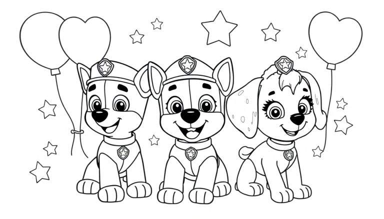 Zwart-wit kleurplaat van drie lachende puppy's met sterren op hun petten en halsbanden, en een meisje-puppy met een tiara. Er zijn ballonnen en sterren om hen heen.