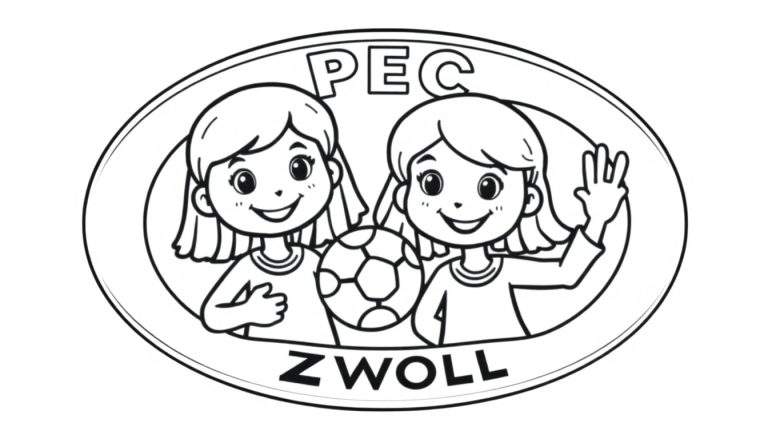 Kleurplaat van PEC Zwolle met twee lachende meisjes die een voetbal vasthouden, ingekaderd in een ovaal.