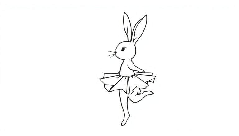 Zwart-wit lijntekening van een schattig konijn dat een tutu draagt en in een sierlijke balletpose staat.