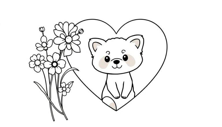 Kleurplaat van een schattig cartoon diertje binnenin een groot hart, met bloemen ernaast.