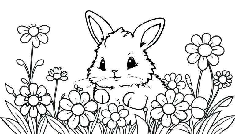 Een schattig, pluizig konijntje kijkt op uit een veld vol bloemen in een zwart-witte lijntekening.