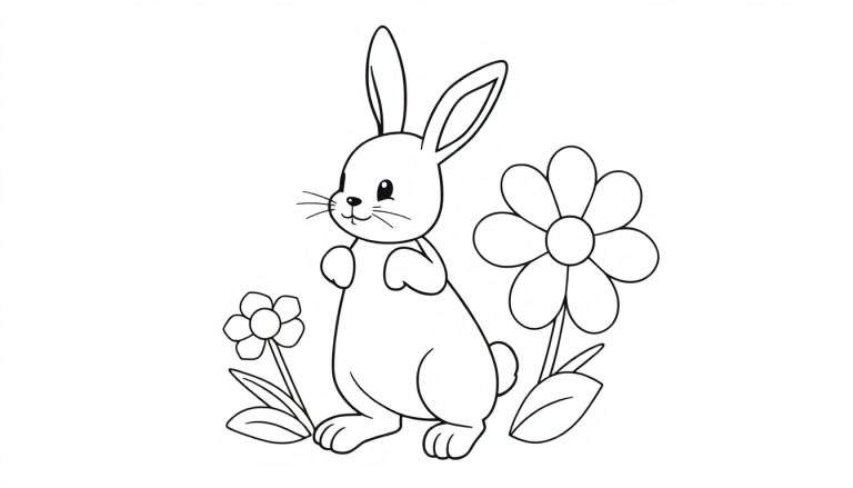 Kleurplaat van een schattig konijn dat rechtop staat met zijn poten opgetild, naast twee bloemen. Eenvoudige lijntekening voor kinderen.