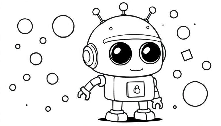 Zwart-wit lijntekening van een lieve cartoon robot met ronde ogen, antennes en een glimlach, omringd door cirkels.