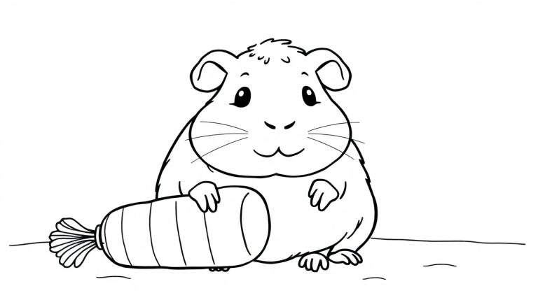 Zwart-wit tekening van een schattige cavia met grote ogen die een wortel vasthoudt, klaar om gekleurd te worden.