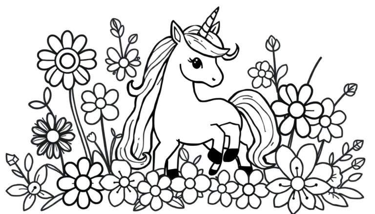 Zwart-wit lijntekening van een vriendelijke eenhoorn met een spiraalvormige hoorn, omringd door diverse bloemen en blaadjes. De hoeven van de eenhoorn zijn zwart gekleurd.