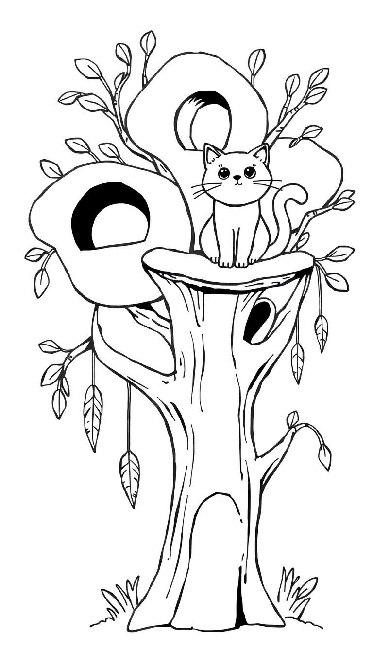 Zwart-wit tekening van een grote boom met een kat op een tak, met bladeren en veren.