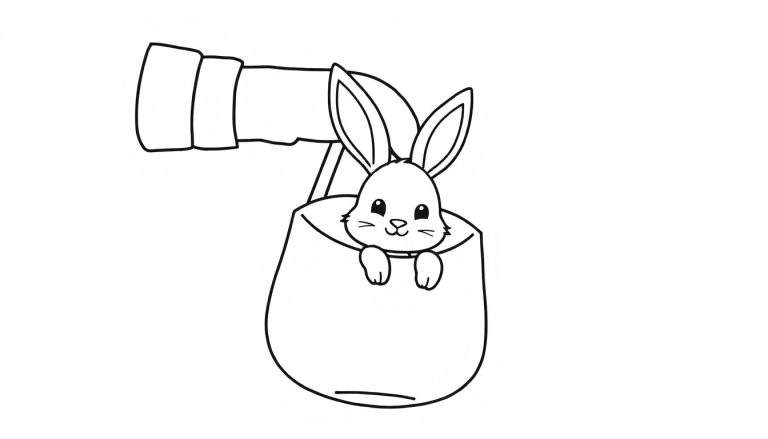 Kleurplaat van een schattig konijntje dat nieuwsgierig uit een tas kijkt. Het konijn heeft grote oren, kraaloogjes, een neusje en een lachende mond. Een hand met een mouw houdt de tas vast.