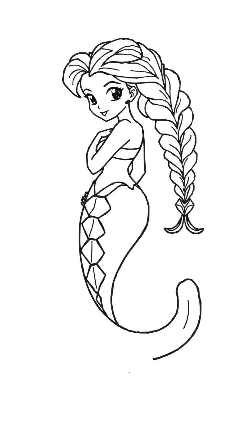 Kleurplaat van een anime-stijl zeemeermin/zeepaardje-vrouw met grote ogen, een vlecht en een golvende staart met schubbenpatroon.