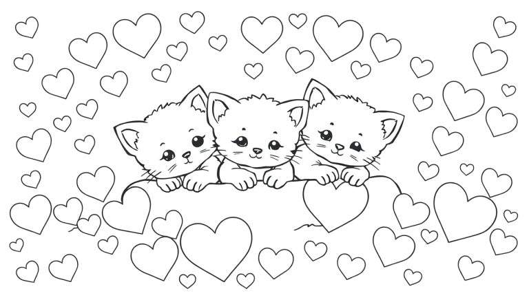 Kleurplaat met drie lieve kittens die met hun poten op een rand leunen, omringd door zwevende hartjes.