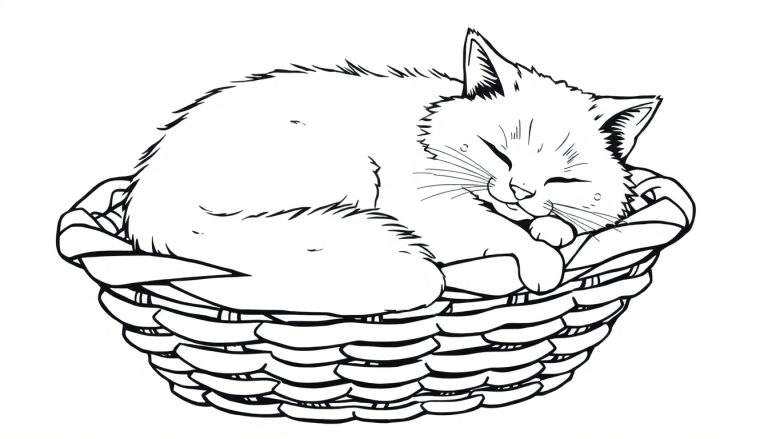 Zwart-witte lijntekening van een schattig, pluizig katje dat slaapt in een mand.
