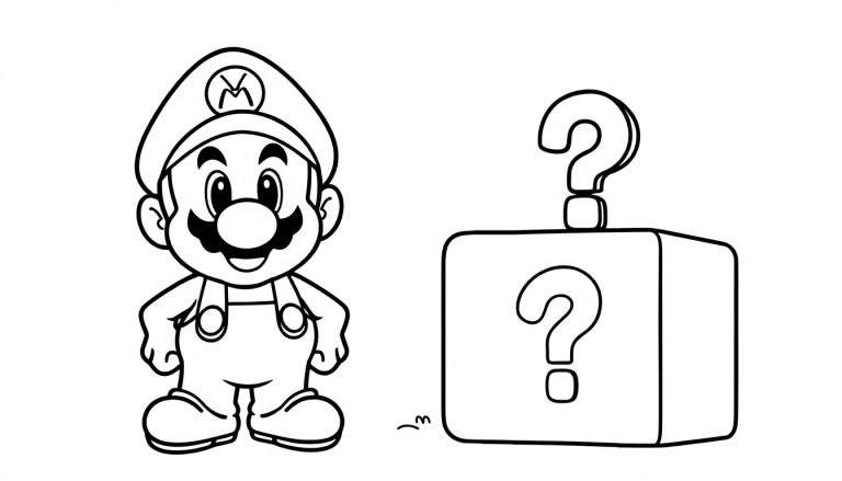 Zwart-wit kleurplaat met Mario die met zijn handen in zijn zij staat en een vraagtekenblok. Beide zijn iconische elementen uit Super Mario Bros.