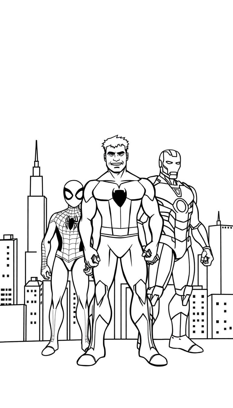 Zwart-wit lijntekening van Spider-Man, Captain America en Iron Man voor een stadsskyline, klaar om ingekleurd te worden.
