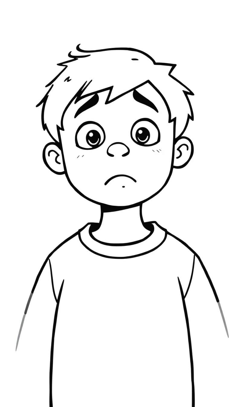 Zwart-wit lijntekening van een jongen met kort, stekelig haar, grote ronde ogen, gefronste wenkbrauwen, een kleine neus, een naar beneden gerichte mond en een eenvoudig T-shirt. Het hoofd en bovenlichaam zijn zichtbaar.
