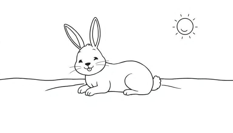 Lachend konijn met lange oren, steekt tong uit, met pluizig staartje, zittend op de grond. Lachende zon op de achtergrond. Lijntekening voor kleurplaat.