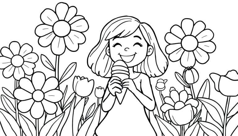 Zwart-wit kleurplaat van een blij meisje met kort haar, een brede lach en gesloten ogen, die een ijshoorntje vasthoudt. Ze staat midden in een veld vol bloemen, zoals madeliefjes en tulpen, en bladeren.