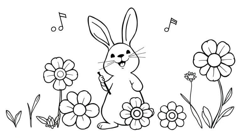 Zwart-witte tekening van een lachend konijn met lange oren die een stokje vasthoudt in een veld met diverse bloemen en muzieknoten in de lucht.