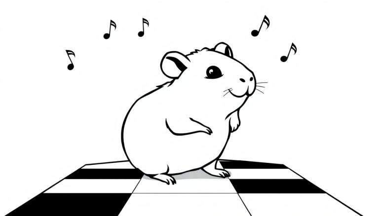 Kleurplaat van een glimlachende witte cartoon hamster die rechtop staat te dansen met muzieknoten om zijn hoofd, op een dambordvloer.