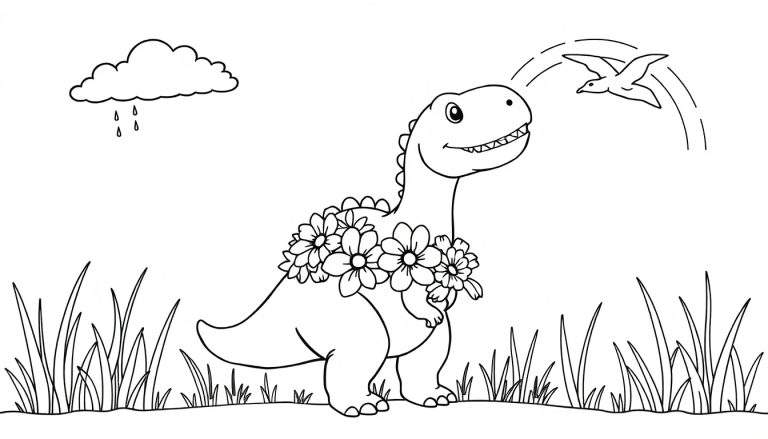 Een lachende dinosaurus draagt een bos bloemen als krans, een vogel vliegt boven hem met een stippellijn route, regen valt uit een wolk, en gras is te zien.