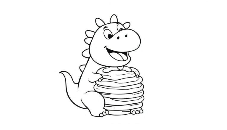 Zwart-wit tekening van een lachende dinosaurus die een stapel pannenkoeken vasthoudt.