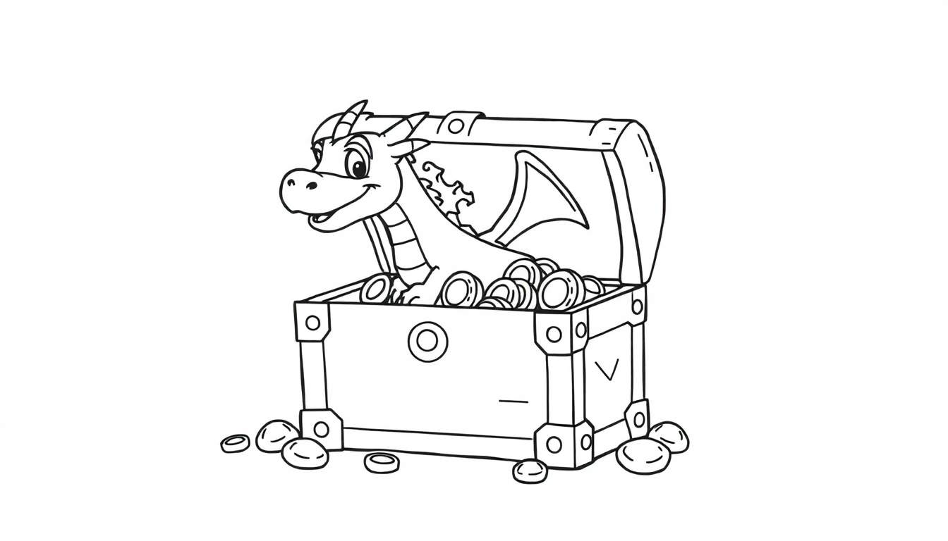 Zwart-wit lijntekening van een lachende draak met kleine vleugels en hoorntjes, zittend in een open schatkist gevuld met munten en goudstukken.