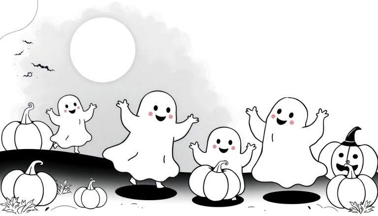 Cartoonachtige Halloween-kleurplaat met vijf witte, lachende spookjes die zwaaien, verschillende pompoenen (waarvan één met heksenhoed) en een grote, volle maan met wolken en vleermuizen.