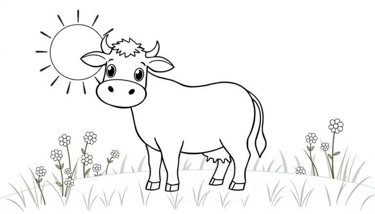 Cartoonachtige koe die in een weide staat onder de zon, met bloemen en gras. Zwart-wit kleurplaat.