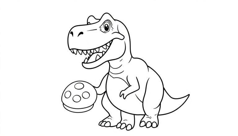 Kleurplaat van een lachende T-Rex die een bowlingbal vasthoudt met zijn linkerpoot.