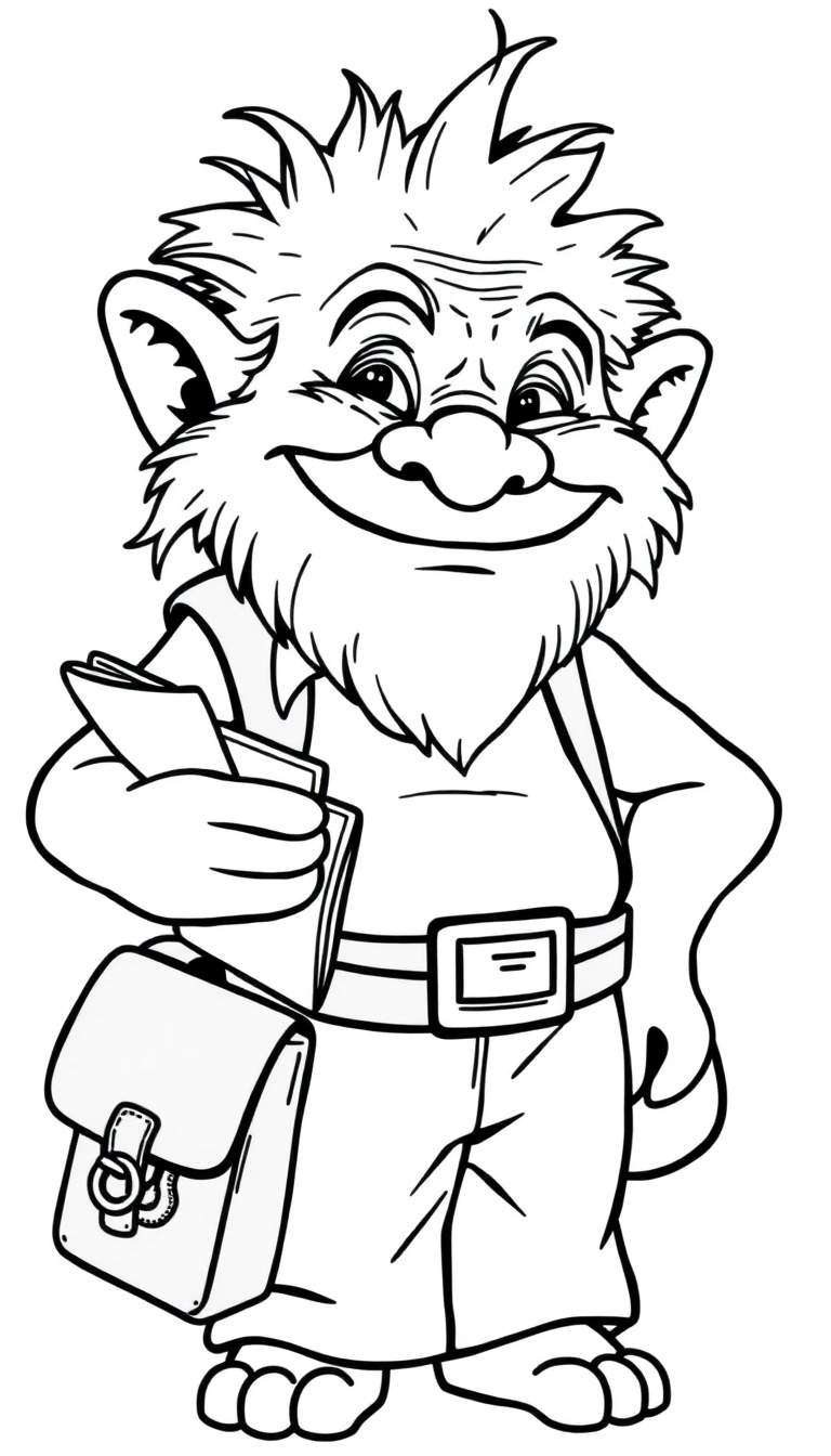 Zwart-wit lijntekening van een glimlachende trol met puntige oren, stekelig haar, een grote neus en baard, die een stapel papieren vasthoudt en een posttasje draagt.