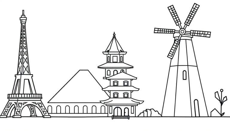 Zwart-wit kleurplaat met lijntekeningen van de Eiffeltoren, een pagode, een windmolen en andere herkenbare bouwwerken uit verschillende culturen.