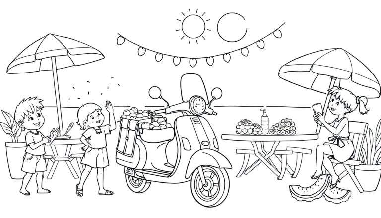 Zwart-wit kleurplaat van een zomerse taferel met kinderen, een scooter vol fruit, parasols en tafels met fruit.