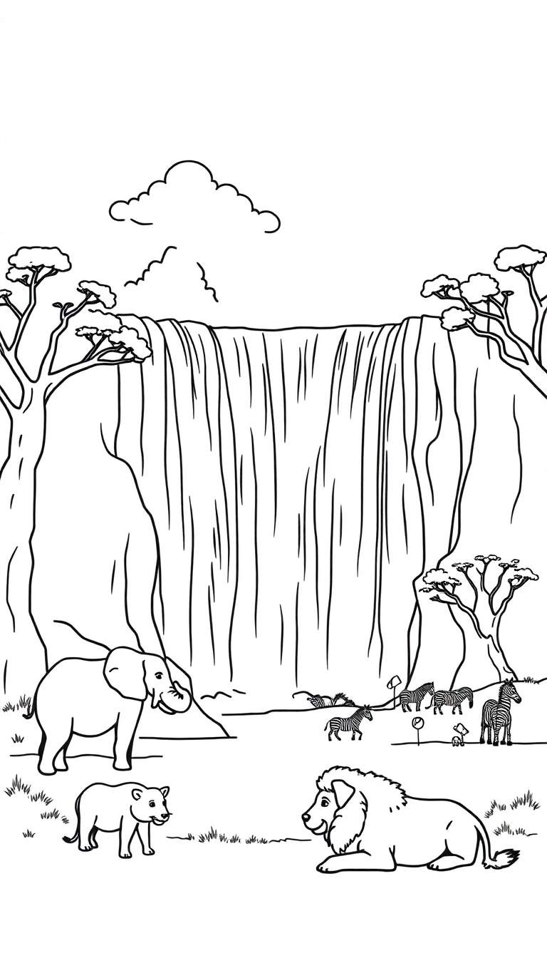 Zwart-wit lijntekening van een Afrikaans savannelandschap met een grote waterval, een olifant, leeuwen, zebra's en savannebomen.