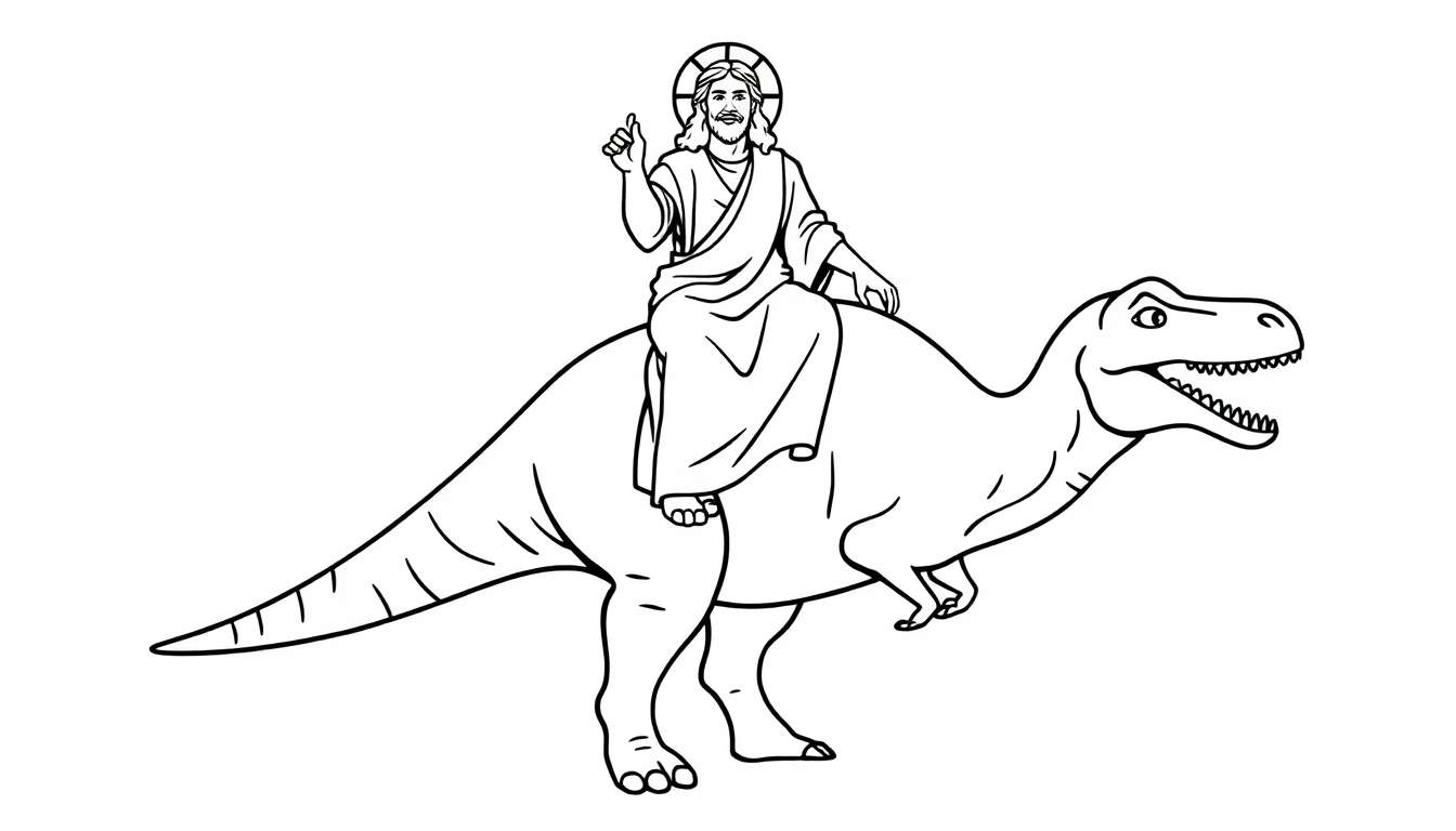 Kleurplaat van Jezus met een duim omhoog, zittend op de rug van een Tyrannosaurus Rex.